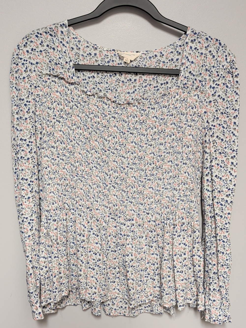 orange creek White Smocked Floral Blouse with Blue & Pink Accents